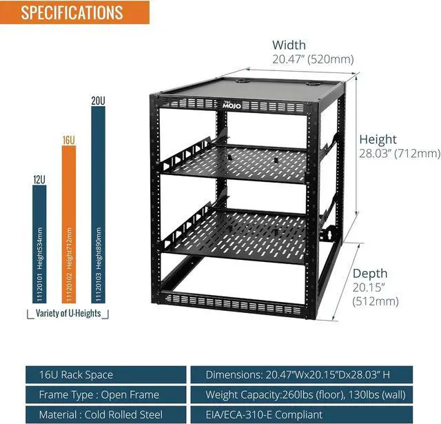 Alt view image 2 of 6 - 16U Open Frame Rack for Servers & AV Gear,Server Rack Floor Standing or Wall Mounted,with 2 PCS 1U Rack Shelves & Mounting Hardware,Network Rack for 19"" Networking,Servers and Audio, Black