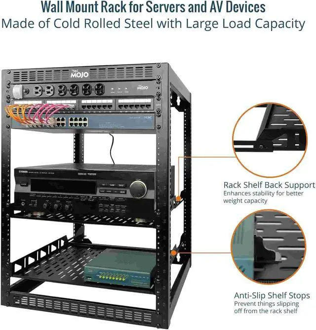 Alt view image 3 of 6 - 16U Open Frame Rack for Servers & AV Gear,Server Rack Floor Standing or Wall Mounted,with 2 PCS 1U Rack Shelves & Mounting Hardware,Network Rack for 19"" Networking,Servers and Audio, Black