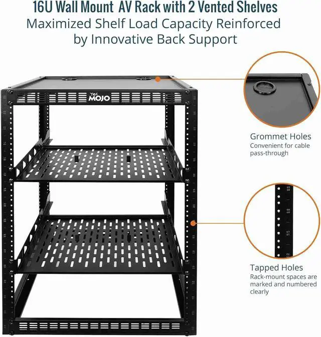 Alt view image 4 of 6 - 16U Open Frame Rack for Servers & AV Gear,Server Rack Floor Standing or Wall Mounted,with 2 PCS 1U Rack Shelves & Mounting Hardware,Network Rack for 19"" Networking,Servers and Audio, Black