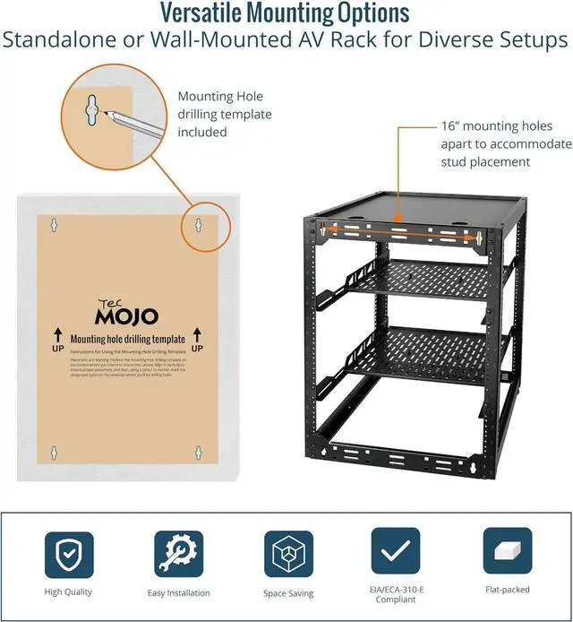 Alt view image 5 of 6 - 16U Open Frame Rack for Servers & AV Gear,Server Rack Floor Standing or Wall Mounted,with 2 PCS 1U Rack Shelves & Mounting Hardware,Network Rack for 19"" Networking,Servers and Audio, Black