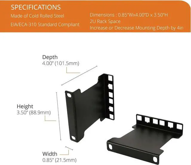 Alt view image 2 of 6 - Server Rack Depth Extender - 2U - 4inch / 10 cm - TAA Compliant - Recessed Rack Adapter - Rack Mount Adapter Kit - Network Rack Extender