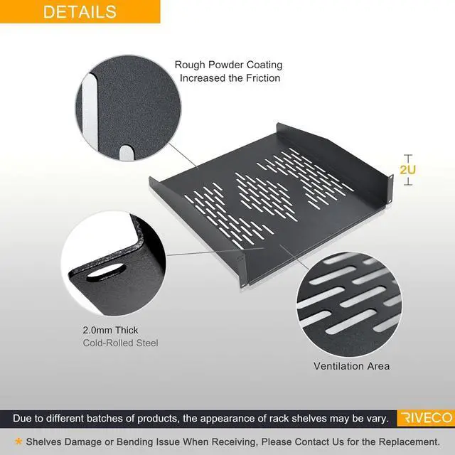 Alt view image 4 of 6 - RIVECO 19 2U Rack Shelf Server Cabinet Mount Vented Cantilever Tray for Network Equipment, 18 Inches 45 CM Depth, Black