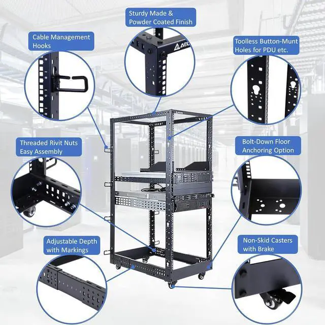 Alt view image 4 of 7 - AEONS 22U 4-Post IT Open Frame Server Rack 19 Inch Depth-Adjustable (22" to 40") Network Equipment AV Gear w/Casters and Cable Management