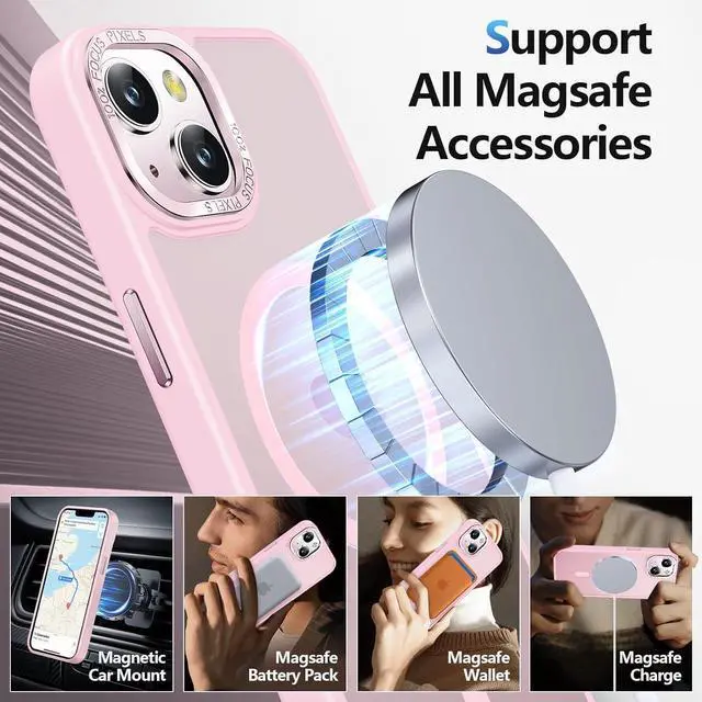 Alt view image 2 of 7 - BaHaHoues for iPhone 13 Case iPhone 14 Case Compatible with MagSafe iPhone 13 Phone Case with Screen Protector, Translucent Matte Slim Shockproof Protective Case for iPhone 13 & iPhone 14, Tender Pink