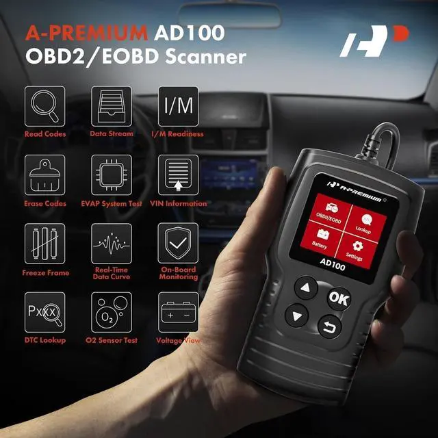 Alt view image 3 of 7 - A-Premium AD100 Universal OBD2 Scanner Diagnostic Tool, Car Code Reader OBDII/EOBD/CAN Scan Tool, Check Engine Light/Read Clear Fault Codes/Smog Check/Live Data Stream/Battery Test, For Car Since 1996