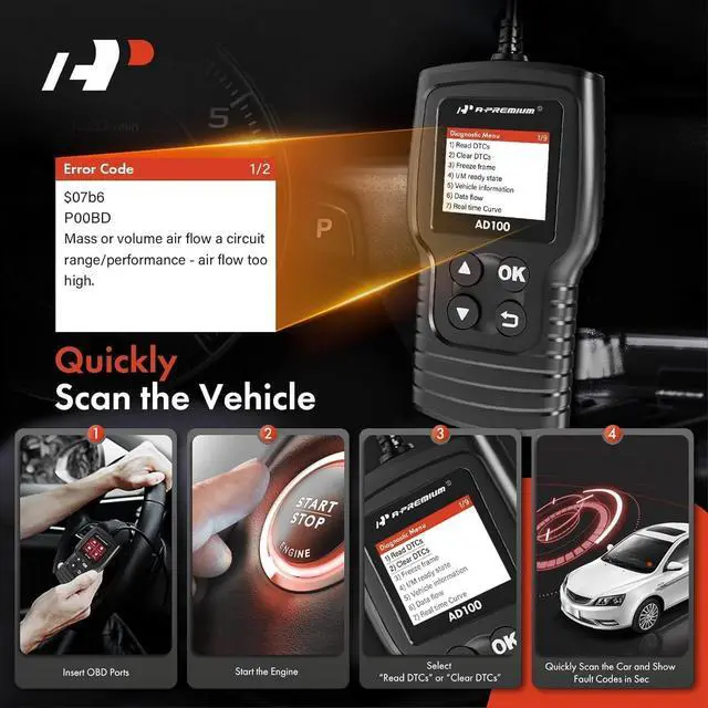Alt view image 4 of 7 - A-Premium AD100 Universal OBD2 Scanner Diagnostic Tool, Car Code Reader OBDII/EOBD/CAN Scan Tool, Check Engine Light/Read Clear Fault Codes/Smog Check/Live Data Stream/Battery Test, For Car Since 1996