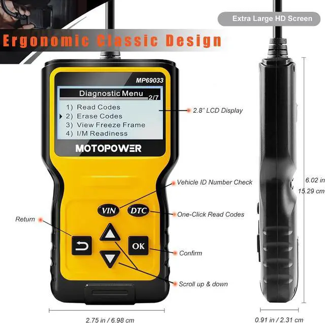Alt view image 5 of 7 - MOTOPOWER MP69033 Car OBD2 Scanner Code Reader Engine Fault Scanner CAN Diagnostic Scan Tool for All OBD II Protocol Cars Since 1996, Yellow