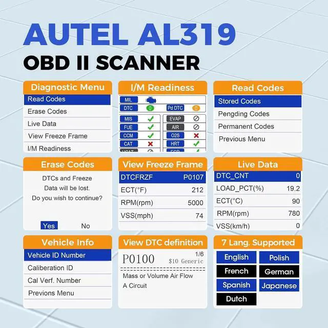 Alt view image 2 of 7 - Autel Professional OBD2 Scanner AL319 Code Reader, Enhanced Check and Reset Engine Fault Code, Live Data, Freeze Frame, CAN Car Diagnostic Scan Tools for All OBDII Vehicles After 1996, 2024 Upgraded