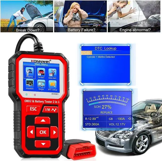 Alt view image 2 of 7 - KW681 OBD2 Scanner 6V 12V Car Battery Tester, 2 in 1 Car Diagnostic Scanner Automotive Battery Alternator Load Tester Check Engine Code Reader Scan Tool