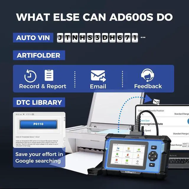 Alt view image 5 of 7 - Scanner TOPDON AD600S Scan Tool, Code Reader, Diagnostics Scanner for ABS/SRS/AT/Engine, 9 Reset Services, Oil/Brake/BMS/SAS/DPF/TPMS/ETS Reset/ABS Bleeding/Injector Coding, Free Lifetime Upgrade