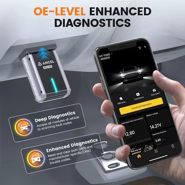 Alt view image 2 of 7 - Ancel Echo OBD2 Scanner Bluetooth - Wireless Car Diagnostic Tool for iOS & Android, Code Reader with Reset, All System Automotive Scan Tool OBD Scanner with OBD2 Guage Display, Battery Registration