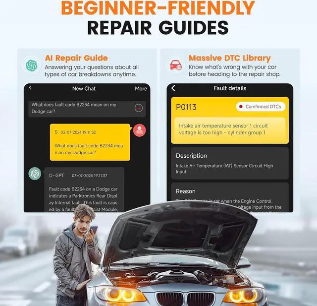 Alt view image 3 of 7 - Ancel Echo OBD2 Scanner Bluetooth - Wireless Car Diagnostic Tool for iOS & Android, Code Reader with Reset, All System Automotive Scan Tool OBD Scanner with OBD2 Guage Display, Battery Registration