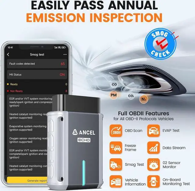 Alt view image 7 of 7 - Ancel Echo OBD2 Scanner Bluetooth - Wireless Car Diagnostic Tool for iOS & Android, Code Reader with Reset, All System Automotive Scan Tool OBD Scanner with OBD2 Guage Display, Battery Registration