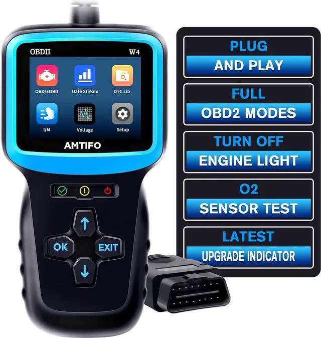Main image of OBD2 Scanner Color Screen Live Data: Easy Set up Reset Clear Engine Error Code Plug&Play Upgraded Indicator Light Test Voltage/EVAP/O2 Sensor Diagnostic Scan Tool for All Cars Since 1996,AMTIFO W4