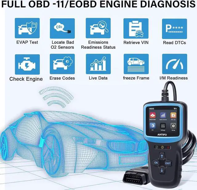 Alt view image 2 of 7 - OBD2 Scanner Color Screen Live Data: Easy Set up Reset Clear Engine Error Code Plug&Play Upgraded Indicator Light Test Voltage/EVAP/O2 Sensor Diagnostic Scan Tool for All Cars Since 1996,AMTIFO W4