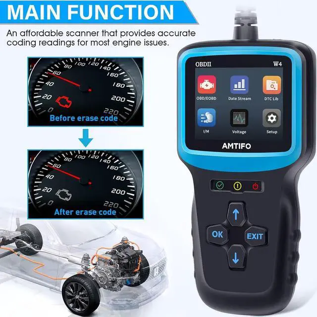 Alt view image 3 of 7 - OBD2 Scanner Color Screen Live Data: Easy Set up Reset Clear Engine Error Code Plug&Play Upgraded Indicator Light Test Voltage/EVAP/O2 Sensor Diagnostic Scan Tool for All Cars Since 1996,AMTIFO W4