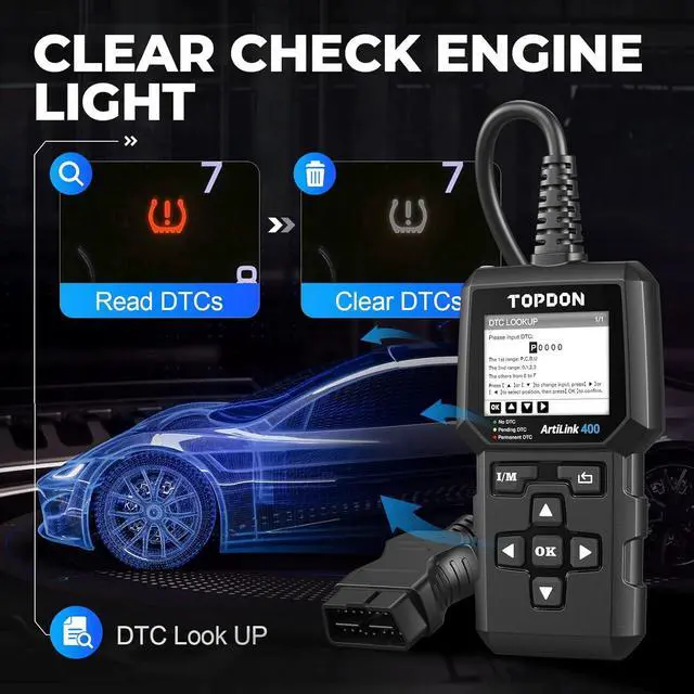 Alt view image 4 of 7 - TOPDON AL400 OBD2 Scanner, Full OBDII Code Reader, Check Engine Light Scan Tool, Car Scanner with DTC Lookup, Clear Codes, Freeze Frame, One-Click I/M, Diagnostic Scanner for DIYers, Lifetime Update