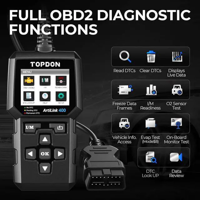 Alt view image 7 of 7 - TOPDON AL400 OBD2 Scanner, Full OBDII Code Reader, Check Engine Light Scan Tool, Car Scanner with DTC Lookup, Clear Codes, Freeze Frame, One-Click I/M, Diagnostic Scanner for DIYers, Lifetime Update