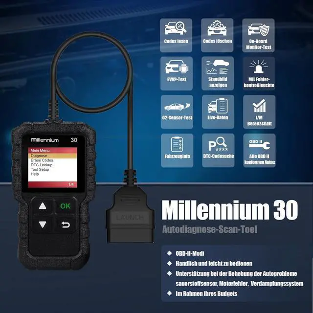 Alt view image 2 of 6 - LAUNCH Millennium 30 OBD2 Scanner,Car Code Reader with Full OBD2 Functions,Check Engine Light Car Diagnostic Tool,O2 Sensor/EVAP System/Smog Test/Check I/M Readiness Car Scanner,Lifetime Free Update