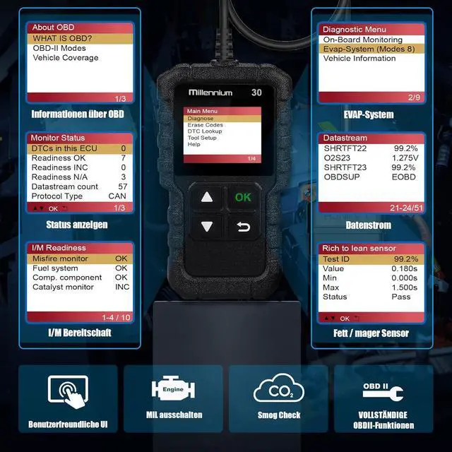 Alt view image 5 of 6 - LAUNCH Millennium 30 OBD2 Scanner,Car Code Reader with Full OBD2 Functions,Check Engine Light Car Diagnostic Tool,O2 Sensor/EVAP System/Smog Test/Check I/M Readiness Car Scanner,Lifetime Free Update