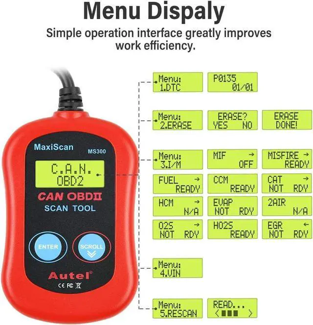 Alt view image 4 of 7 - Autel MaxiScan MS300 Car OBD2 Scanner Code Reader Engine Fault Code Reader Scanner CAN Diagnostic Scan Tool for All OBD II Protocol Cars Since 1996, Red