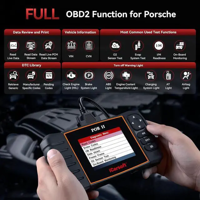 Alt view image 3 of 7 - OBD2 Scanner Diagnostic Tool for Porsche, iCarsoft POR II (Enhance Version) Code Reader, Full System Diagnosis Car Scan Tool with Oil Reset/EPB/DP/ETC/SAS, Live Data Graph-Free Update/Repair