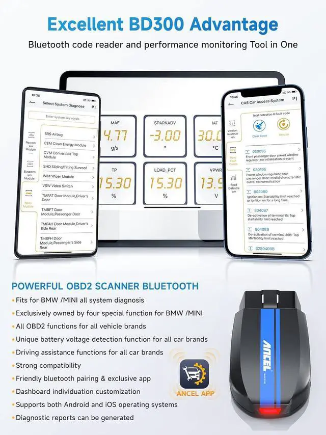 Alt view image 7 of 7 - ANCEL BD300 OBD2 Scanner Bluetooth Fits for BMW Full System Code Reader Fits for BMW Diagnostic Tool with Battery Registration Tool Service EPB CBS ETC ABS Airbag & Powerful OBD2 Scanner