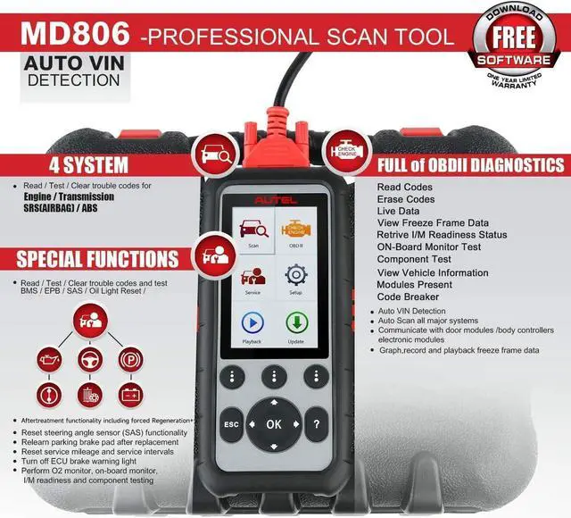 Alt view image 2 of 7 - Autel MaxiDiag MD806 OBD2 Scanner, ABS SRS Engine Transmission Four Systems Diagnostic Scan Tool with Oil Reset EPB SAS BMS for Specific Vehicles Up to 2015, Auto VIN, Live Data, Lifetime Free Update