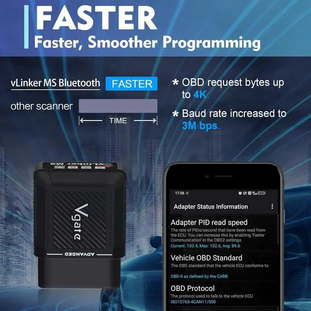 Alt view image 2 of 6 - Vgate vLinker MS Bluetooth OBD2 Car Scan Tool for iPhone/iOS, Android & Windows, Supports Multiple CAN Protocols (GMLAN, MS CAN, CH CAN, LS CAN)