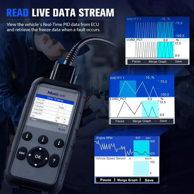 Alt view image 4 of 7 - 2024 New Autel ML629 OBD2 Scanner, ABS SRS Engine Transmission Diagnostics Tool Mechanic Full OBDII Code Reader w/DTC Lookup AutoVIN, Live Data, Upgraded Ver. of AL619 AL629 for Professionals DIYers