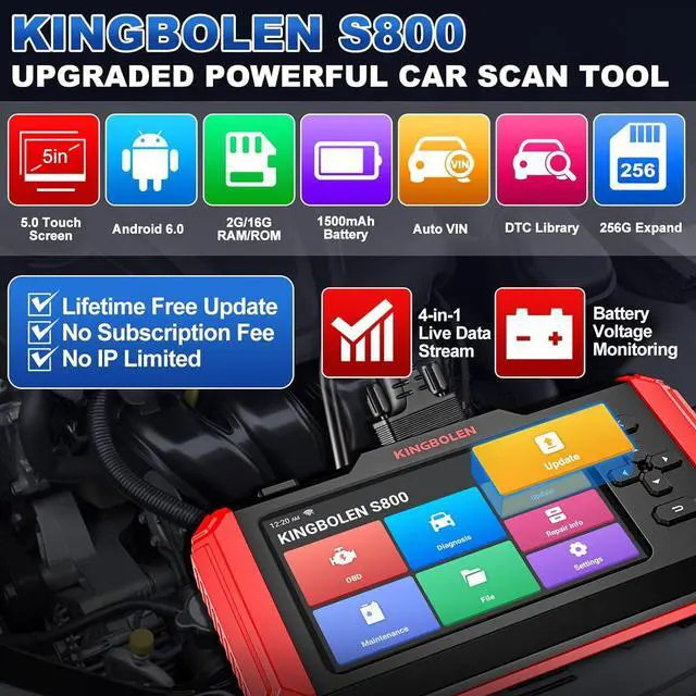 Alt view image 4 of 7 - KINGBOLEN OBD2 Scanner S800 Car Scanner, OBD2 Diagnostic Scan Tool with 15 Reset, Oil Brake Throttle Service, Engine ABS SRS Transmission Code Reader, Battery Test, AutoVIN, Lifetime Fr-ee Update