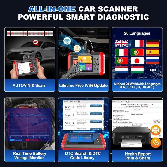 Alt view image 6 of 7 - KINGBOLEN OBD2 Scanner S800 Car Scanner, OBD2 Diagnostic Scan Tool with 15 Reset, Oil Brake Throttle Service, Engine ABS SRS Transmission Code Reader, Battery Test, AutoVIN, Lifetime Fr-ee Update