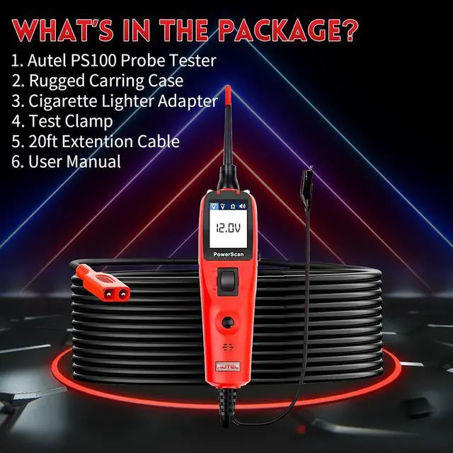 Alt view image 7 of 7 - Autel PowerScan PS100 Circuit Tester, Universal 12V 24V Automotive Power Circuit Probe Kit with 20ft Extension Cable, AC/DC/Continuity/Probe/Signal Test, Activate Component Electrical System Tool