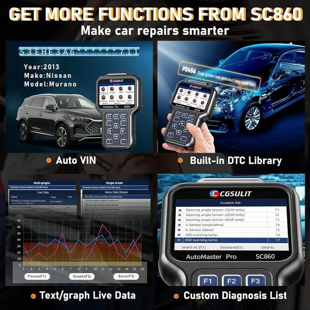 Alt view image 7 of 7 - CGSULIT All System OBD2 Scanner, SC860 Code Reader with 8 Services, ABS Bleeding/EPB/Oil/SAS/TPS Reset, Battery Registration, Injector Coding, Car Scanner Diagnostic for All Cars, Free Update