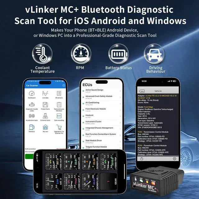 Alt view image 2 of 7 - V-gate vLinker MC+ OBDII Bluetooth Adapter Car Wireless OBD2 Scanner All Systems Diagnostic Scan Tool and Code Reader Clear Faults Hacker-Proof for iOS, Android &Windowns