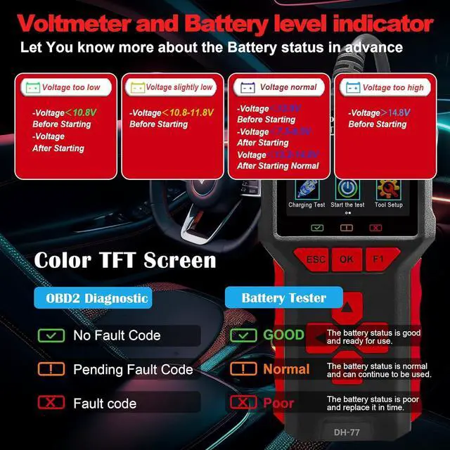 Alt view image 5 of 7 - 2 in 1 OBD2 Scanner+Battery Tester 5-36V 20-3300 CCA >99.8% Accuracy 3.2" Colors Screen OBD2/EOBD Diagnostic Tool Engine Code Reader EVAP Digital Diagnosis DTC for Car Motorcycle&Truck