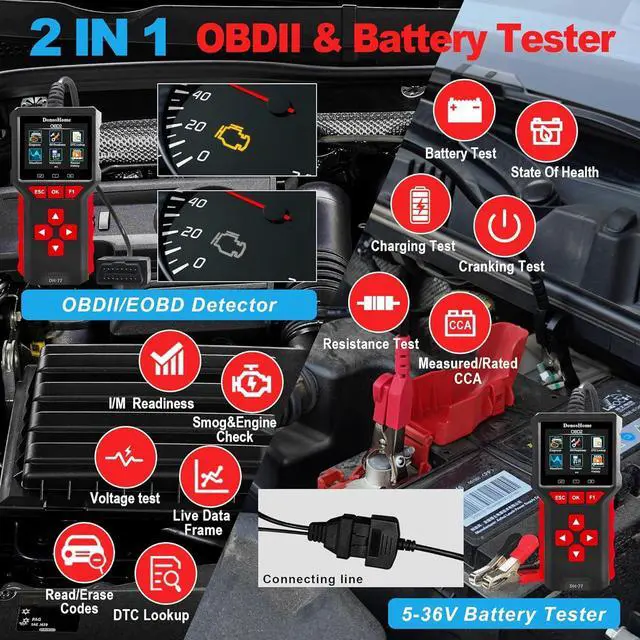 Alt view image 6 of 7 - 2 in 1 OBD2 Scanner+Battery Tester 5-36V 20-3300 CCA >99.8% Accuracy 3.2" Colors Screen OBD2/EOBD Diagnostic Tool Engine Code Reader EVAP Digital Diagnosis DTC for Car Motorcycle&Truck
