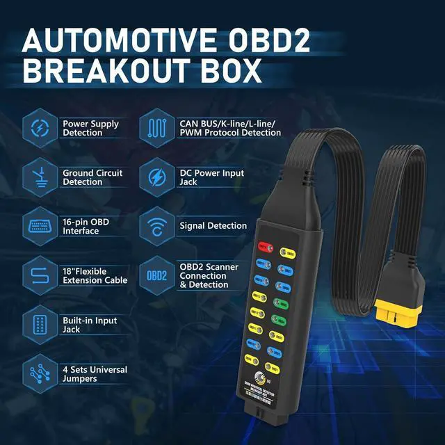 Alt view image 2 of 7 - OBD2 Breakout Box, Automotive OBDII Protocol Detector Communication/Power/Ground Detection Breakout Box 16-Pin CAN 17.7 inches Cable Fault Diagnosis Scan Tool with Universal Wire Jumper and Clips