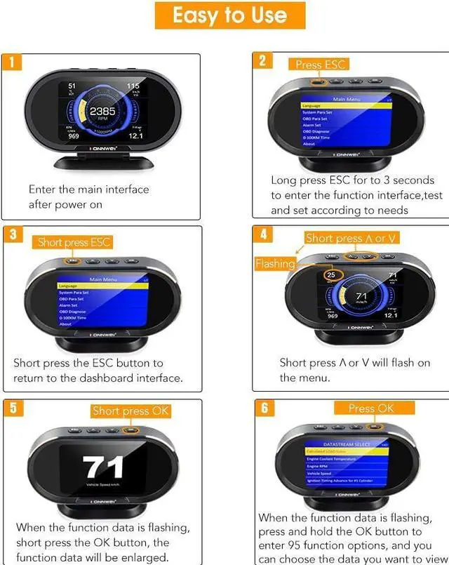 Alt view image 3 of 7 - KW206 Car OBD2 HUD Digital Meter Gauge All in One Automotive Trip Computer Smart OBD Speedometer Water Temperature Fuel Pressure Tester for All 2003 and Newer Cars