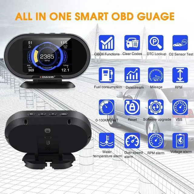 Alt view image 6 of 7 - KW206 Car OBD2 HUD Digital Meter Gauge All in One Automotive Trip Computer Smart OBD Speedometer Water Temperature Fuel Pressure Tester for All 2003 and Newer Cars