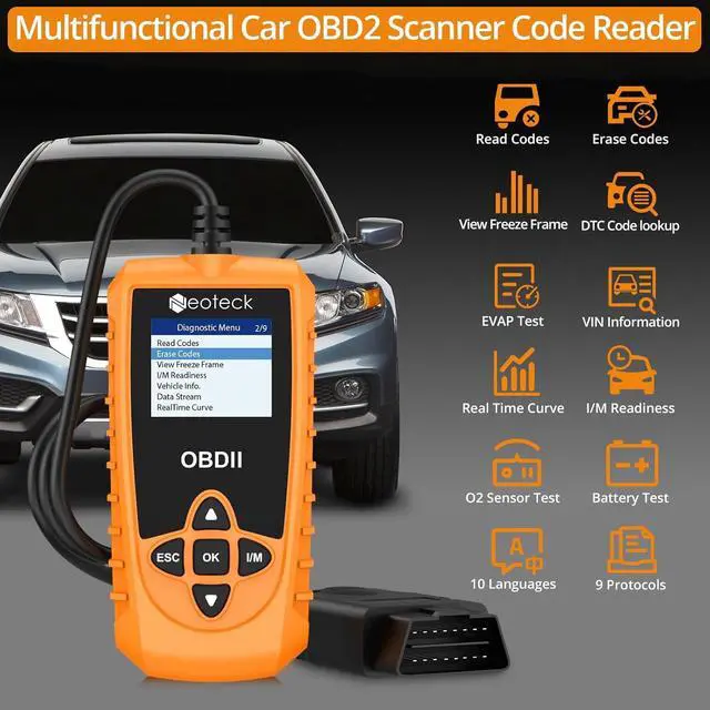 Alt view image 2 of 7 - Neoteck 9 Protocols OBD II Scanner with Color Screen Car Code Diagnostic Scanner for VIN/CID/CVN/EVAP/Engine Fault Check Multilingual OBD2 Scanner Code Reader Supports Vehicles with OBDII/EOBD