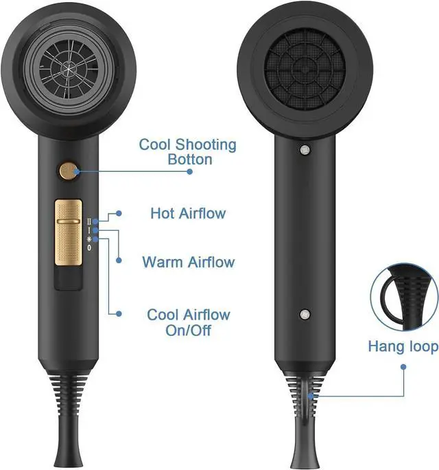 Alt view image 4 of 7 - slopehill Professional Ionic Hair Dryer, Powerful 1800W Fast Drying Low Noise Blow Dryer with 2 Concentrator Nozzle 1 Diffuser Attachments for Home Salon Travel (Black)