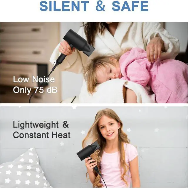 Alt view image 6 of 7 - slopehill Professional Ionic Hair Dryer, Powerful 1800W Fast Drying Low Noise Blow Dryer with 2 Concentrator Nozzle 1 Diffuser Attachments for Home Salon Travel (Black)