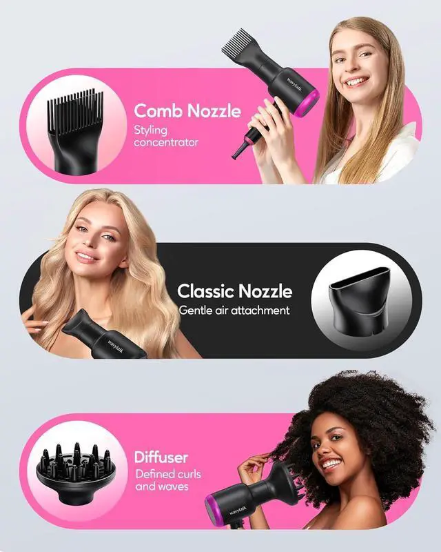 Alt view image 4 of 6 - Wavytalk Professional Hair Dryer with Diffuser, 1875W Blow Dryer Ionic Hair Dryer for Women with Constant Temperature, Hair Dryer with Ceramic Technology Fasting Drying Light and Quiet, Black