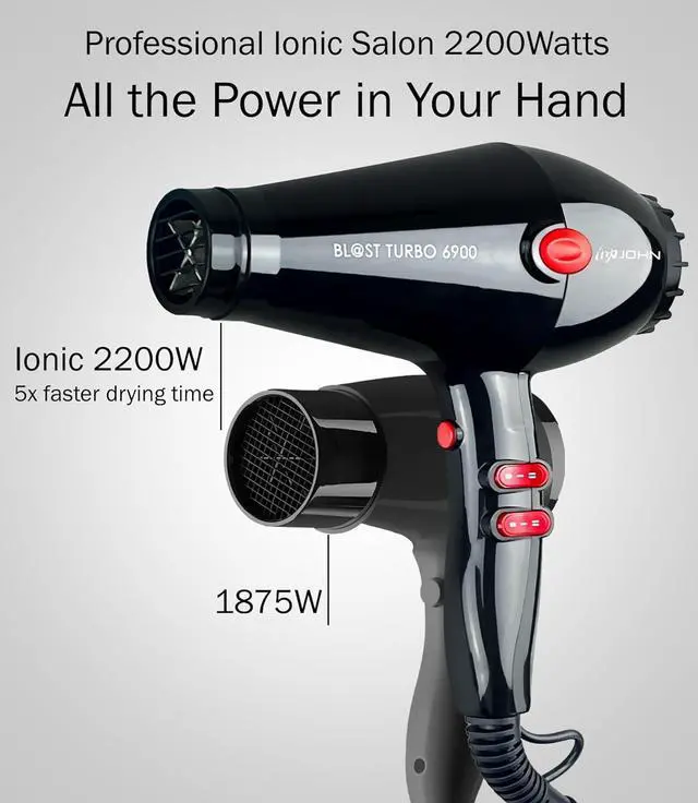 Alt view image 2 of 5 - JOHN Professional Ionic Salon Hair Dryer 2200W, Powerful Hair Blow Dryer, 5X Fast Drying, Blast Turbo 6900, Black