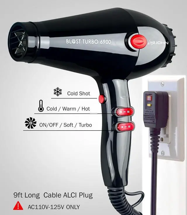 Alt view image 5 of 5 - JOHN Professional Ionic Salon Hair Dryer 2200W, Powerful Hair Blow Dryer, 5X Fast Drying, Blast Turbo 6900, Black