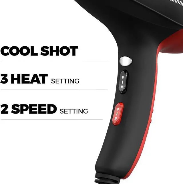 Alt view image 6 of 7 - Professional Ionic Salon Hair Dryer, 2200 Watt Powerful AC Motor Ceramic Tourmaline Ion Blow Dryer, Quiet Hair Dryers with Diffuser & 2 Concentrator Nozzle Attachments Black/Red