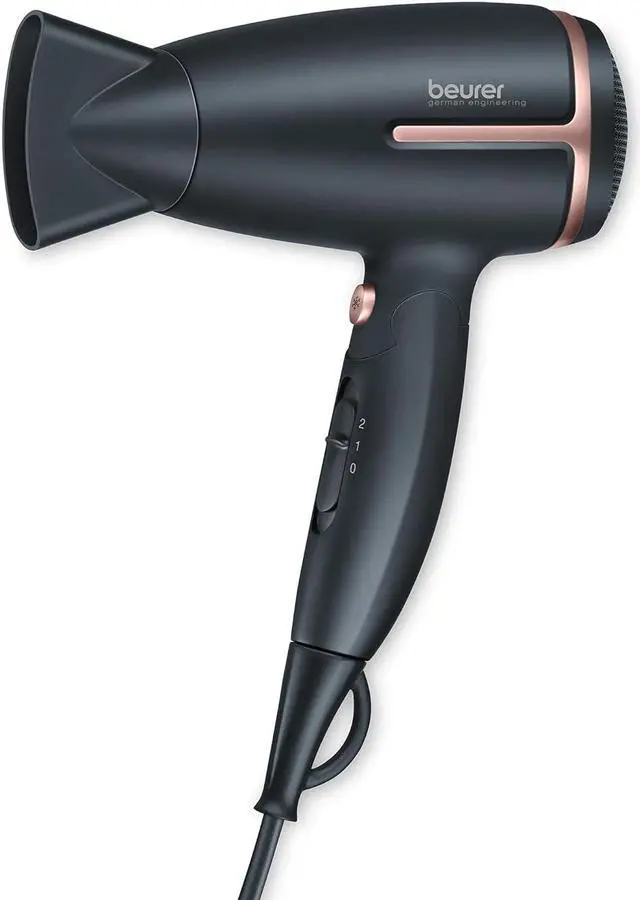 Main image of Beurer HC25 Ionic Hair Dryer for Travel with Voltage Switch 1600W Anti Frizz Blow Dryer, Foldable Handle, Lightweight Styler, Nozzle Attachment, Black and Rose Gold