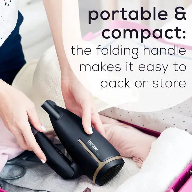 Alt view image 2 of 7 - Beurer HC25 Ionic Hair Dryer for Travel with Voltage Switch 1600W Anti Frizz Blow Dryer, Foldable Handle, Lightweight Styler, Nozzle Attachment, Black and Rose Gold