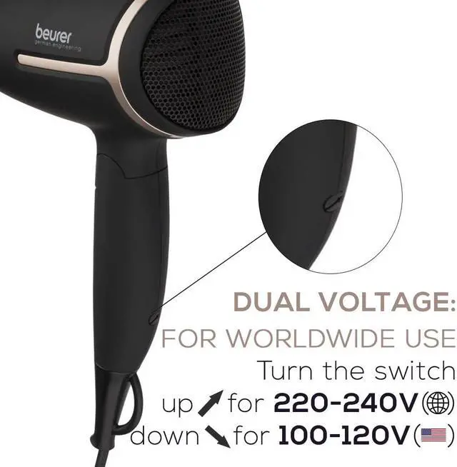 Alt view image 3 of 7 - Beurer HC25 Ionic Hair Dryer for Travel with Voltage Switch 1600W Anti Frizz Blow Dryer, Foldable Handle, Lightweight Styler, Nozzle Attachment, Black and Rose Gold
